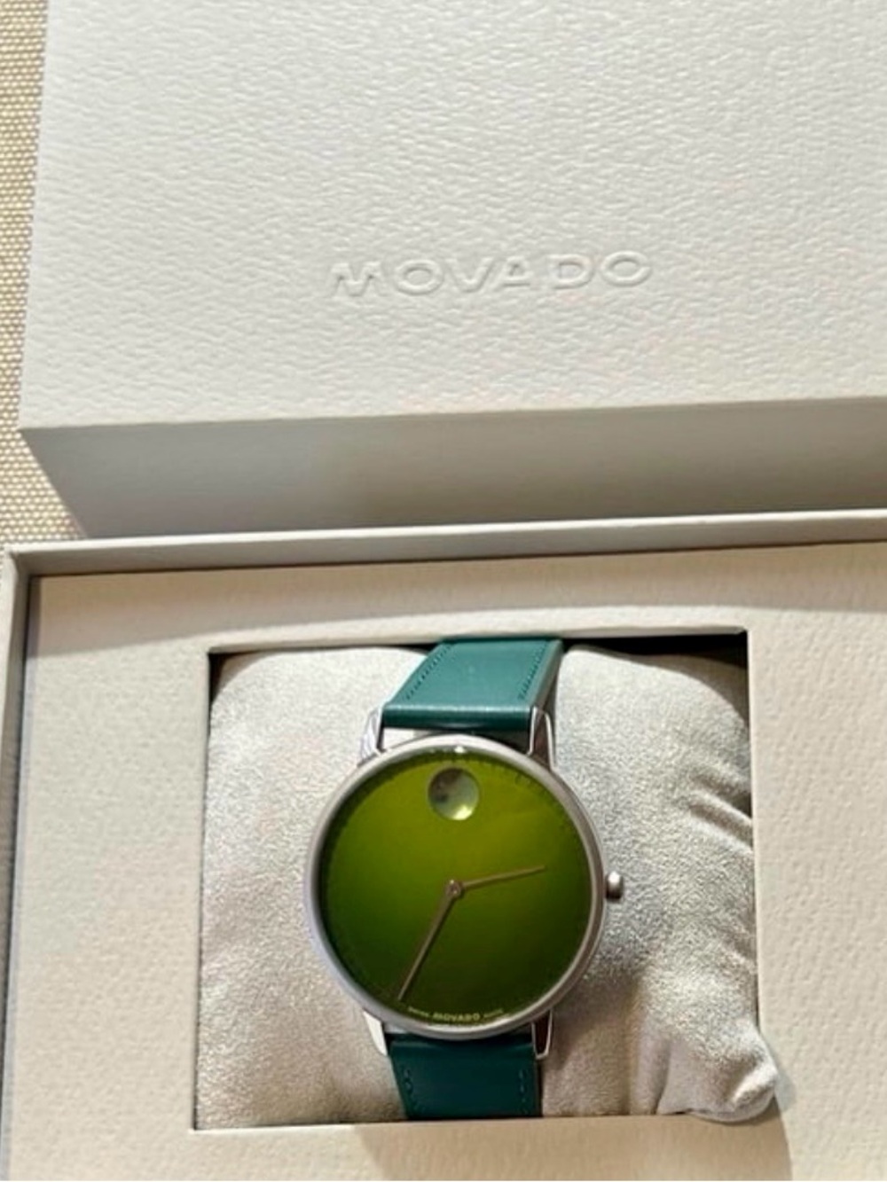 Movado Face Watch With 41mm Green Face Ombre and Green band NEW with box!